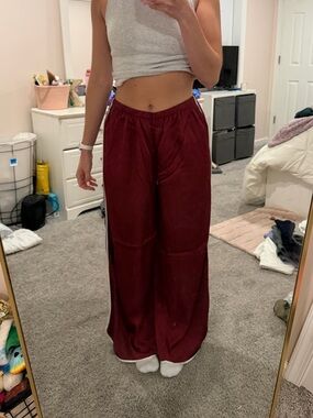 aerie Wide-Leg Satin Pants in Deep Wine/Burgundy/Maroon
